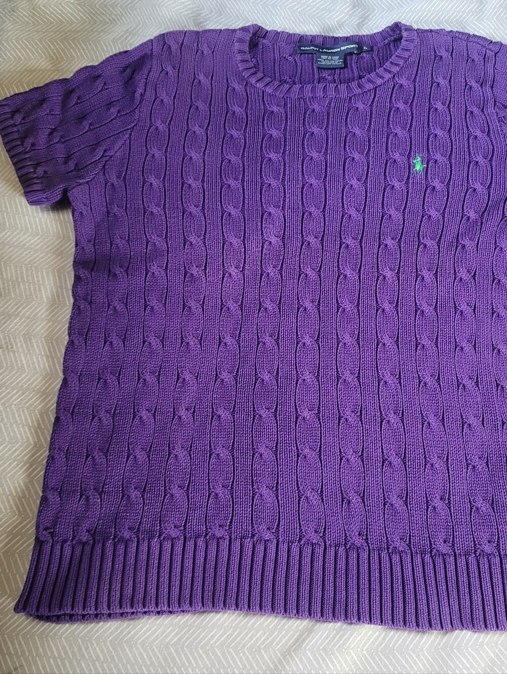 Ralph Lauren Cableknit Sweater Crewneck Short Sleeve Purple XL Vintage 90s - Picture 8 of 8